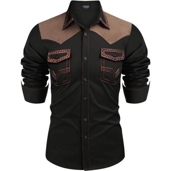 Men's Western Cowboy Shirt Black& Dark Brown - Picture 1 of 5